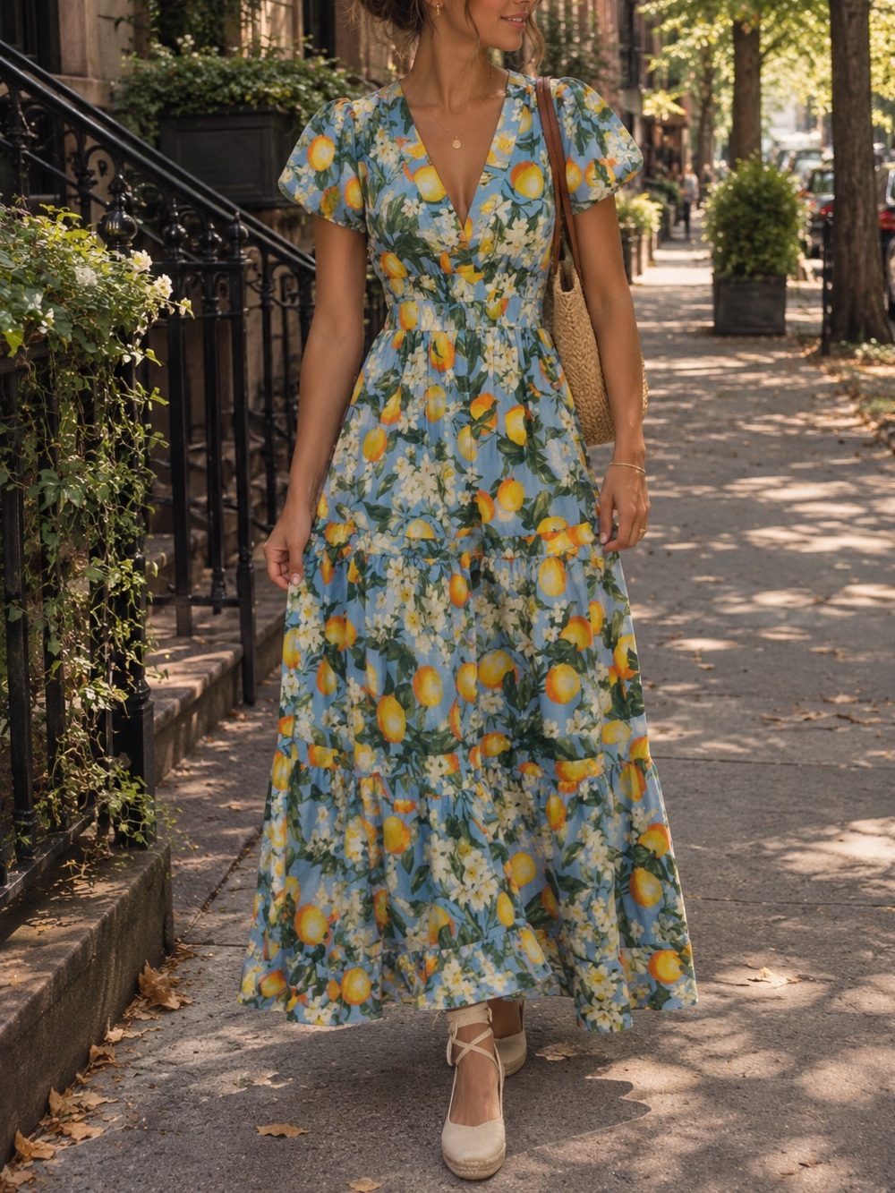 Anthropologie The Somerset Maxi Dress Floral Blue & Orange XXS